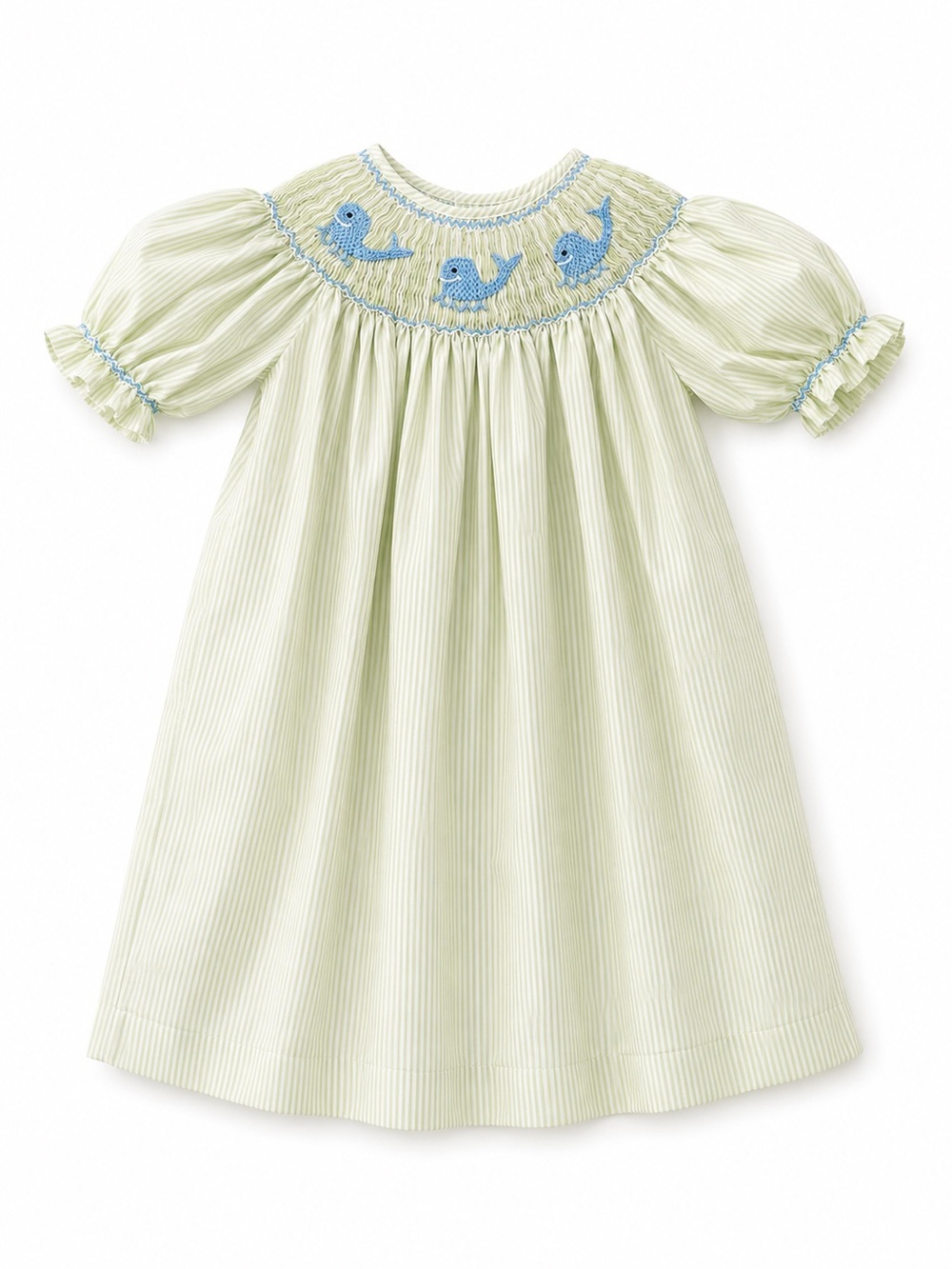 Smocked Baby Dress with Blue Whale Accent - Pale Green